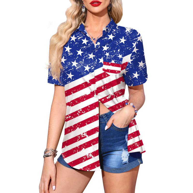 Patriotic Button Down Shirt America Flag Graphic T-Shirt Short Sleeve Clothes